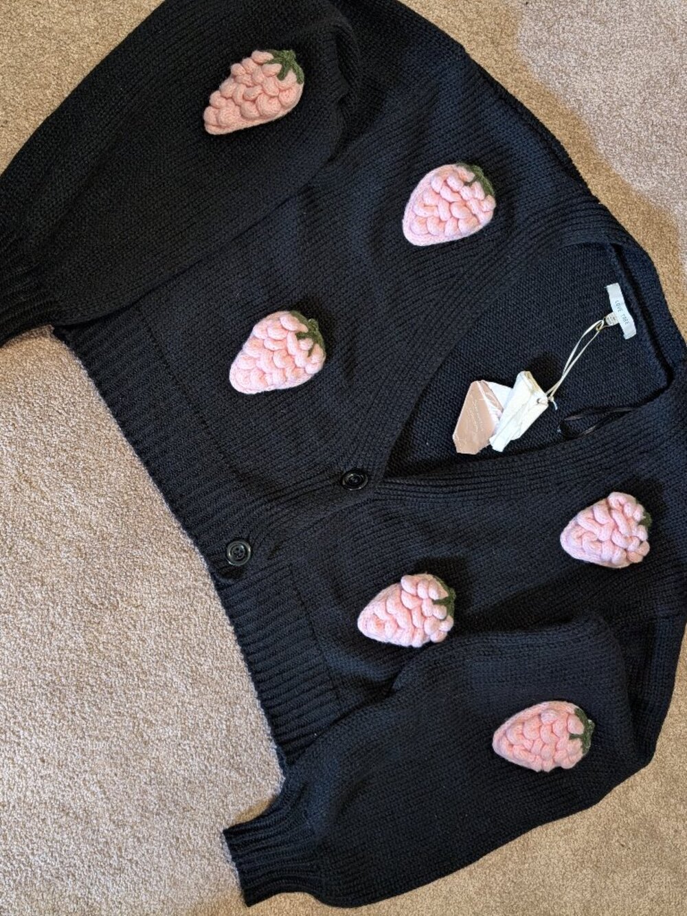 NWT Black Cardigan with Pink strawberry Appliqués size medium